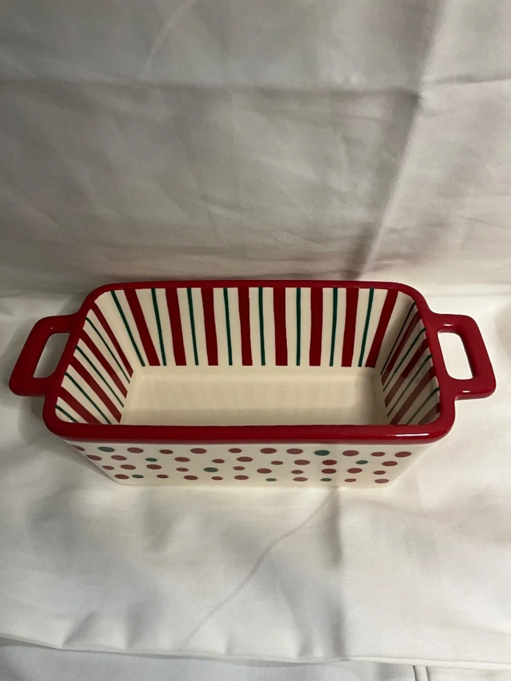 Holiday Time Ceramic Mini Loaf Pan Red and Green Polka Dots And Stripes